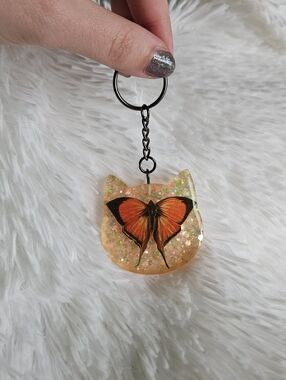 Handmade Orange Butterfly & Glitter Cat Shaped Resin Keychain